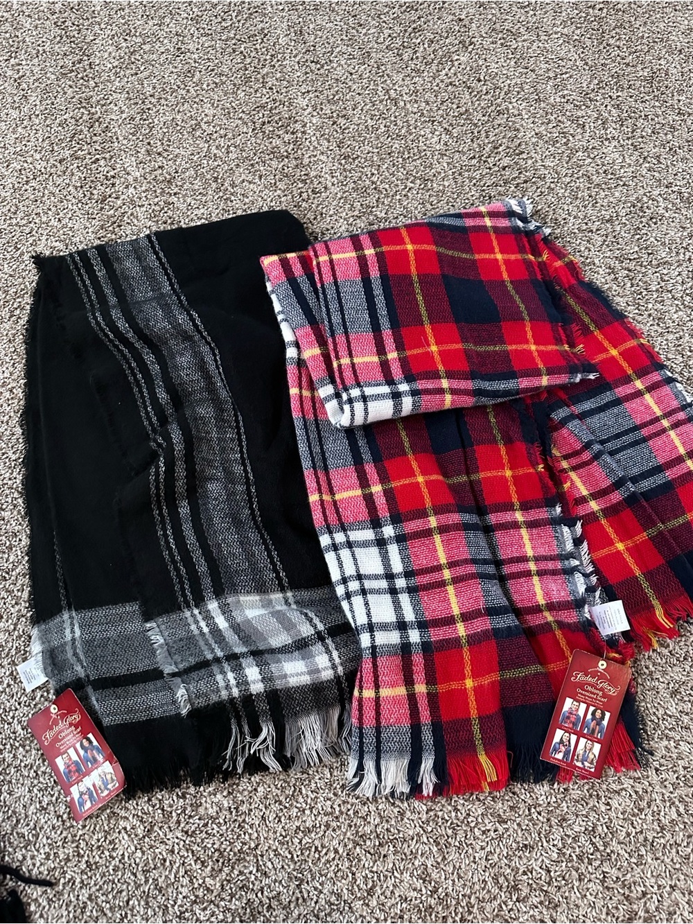 Faded Glory Plaid & Solid Fringe Scarves - Red, Black, White